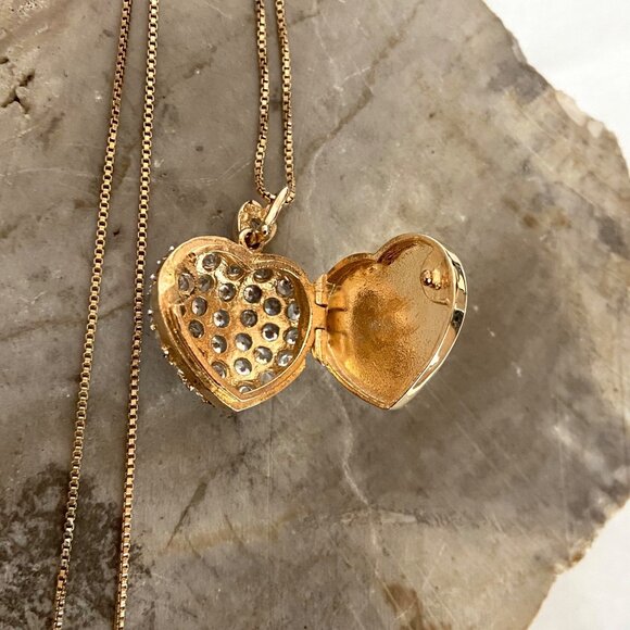 Gold Vermeil Sterling Silver 925 Pave Puffy Heart Locket Pendant Necklace 18" - Picture 4 of 16